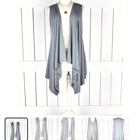 Grey unisex stretch jersey knit long duster cardigan vest/asymmetric high low sl - Picture 8 of 8